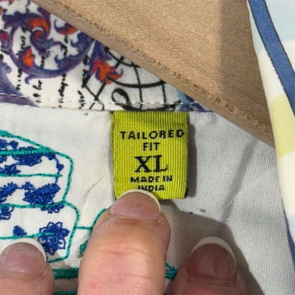 Robert Graham XL Tailored Fit Check Stripe Shirt Blue Yellow Bold Cuff Casual - Picture 8 of 10